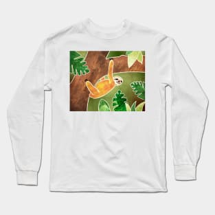 Three-toed Sloth Hanging around in the Jungle. Batik silk painting style. Long Sleeve T-Shirt